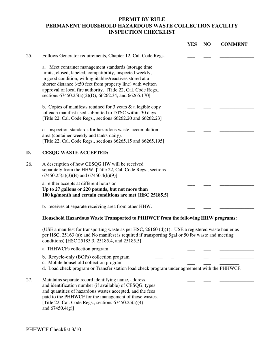 Permit by Rule Permanent Household Hazardous Waste Collection Facility Inspection Checklist - California, Page 6