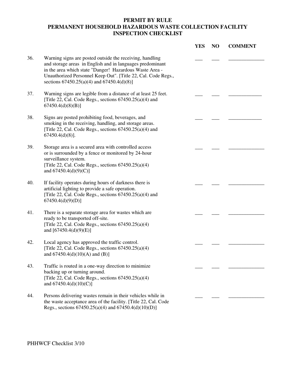 Permit by Rule Permanent Household Hazardous Waste Collection Facility Inspection Checklist - California, Page 8