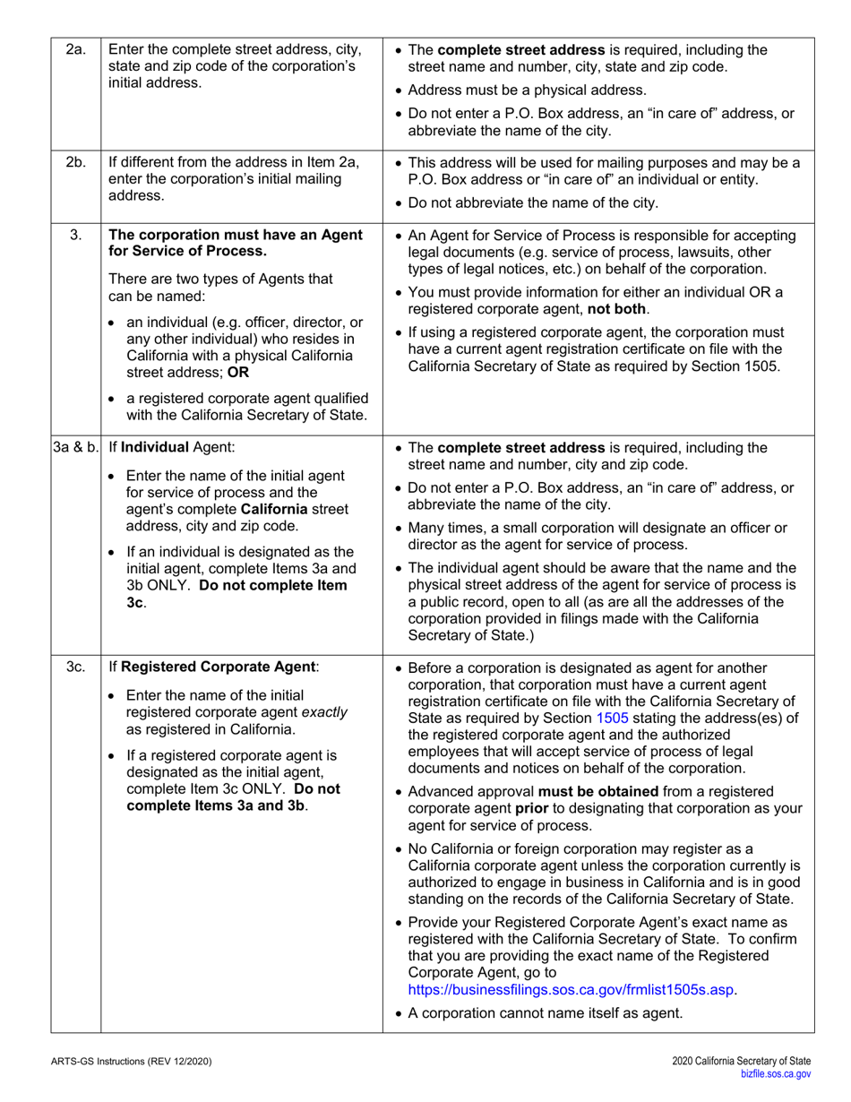 Form ARTS-GS Articles of Incorporation of a General Stock Corporation - California, Page 2