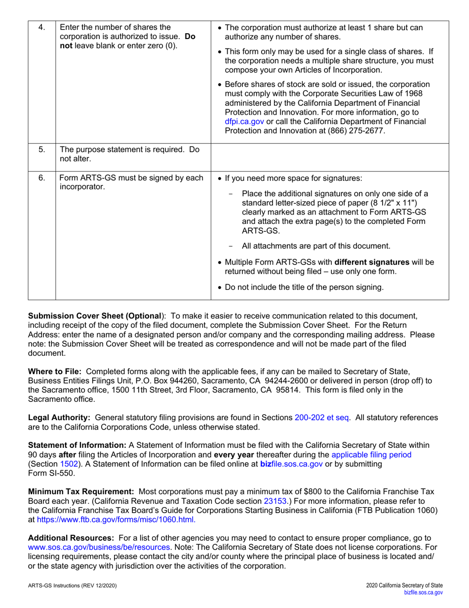 Form ARTS-GS Articles of Incorporation of a General Stock Corporation - California, Page 3