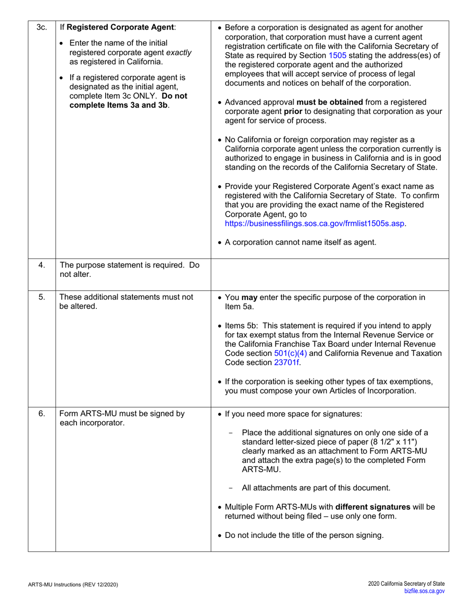 Form ARTS-MU Articles of Incorporation - Nonprofit Mutual Benefit - California, Page 4