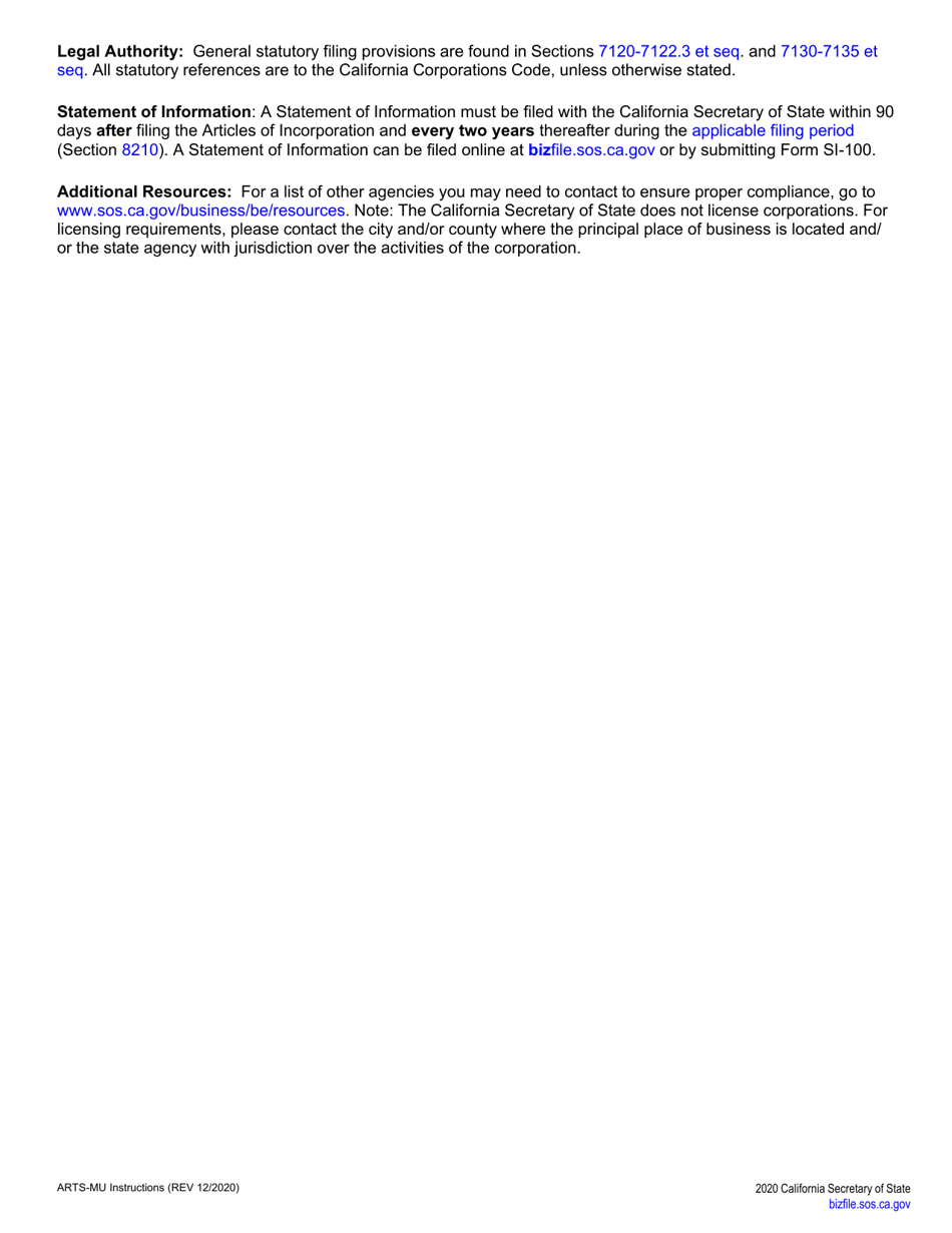 Form ARTS-MU Articles of Incorporation - Nonprofit Mutual Benefit - California, Page 5
