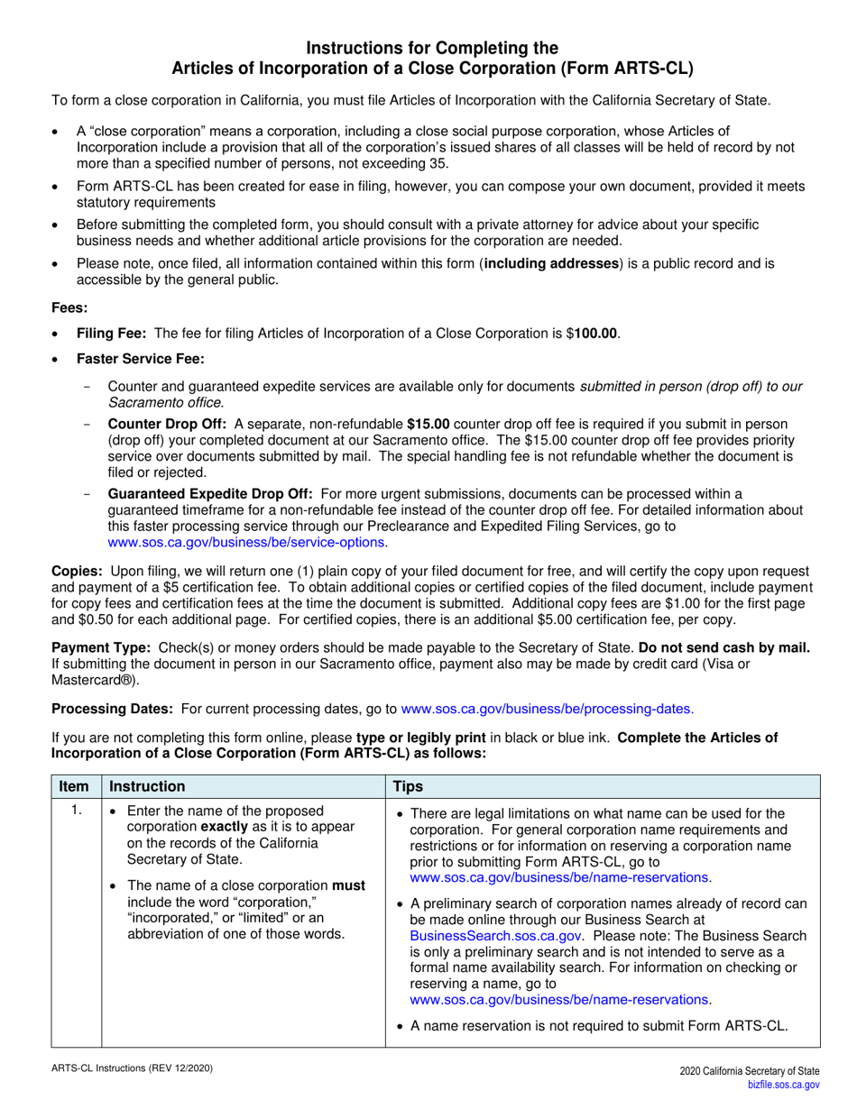 Form ARTS-CL Articles of Incorporation of a Close Corporation - California, Page 2