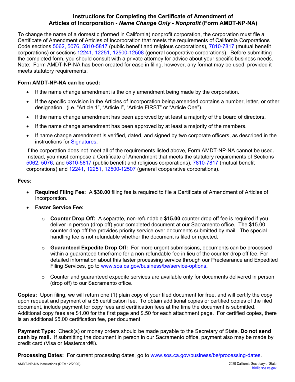 Form AMDT-NP-NA Certificate of Amendment - Corporate Name Change Only - Nonprofit - California, Page 2