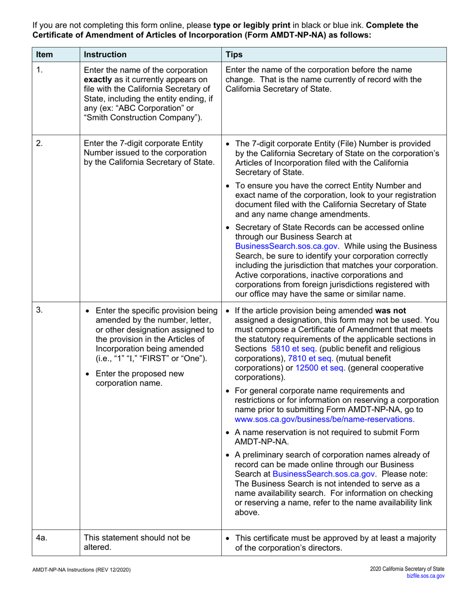 Form AMDT-NP-NA Certificate of Amendment - Corporate Name Change Only - Nonprofit - California, Page 3
