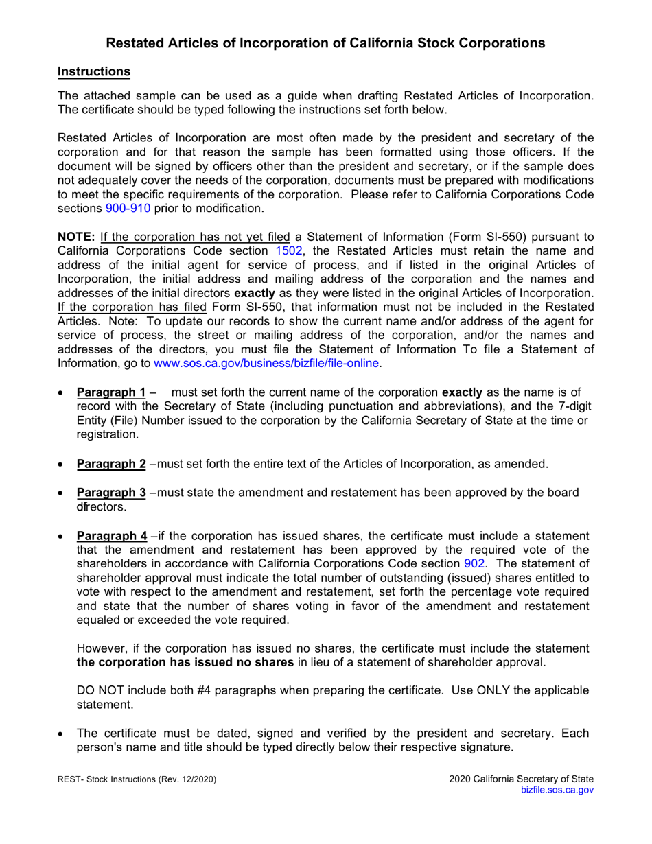 Sample Restated Articles of Incorporation of California Stock Corporations - California, Page 3