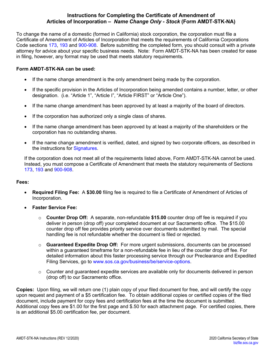Form AMDT-STK-NA Certificate of Amendment of Articles of Incorporation - Name Change Only - Stock - California, Page 2