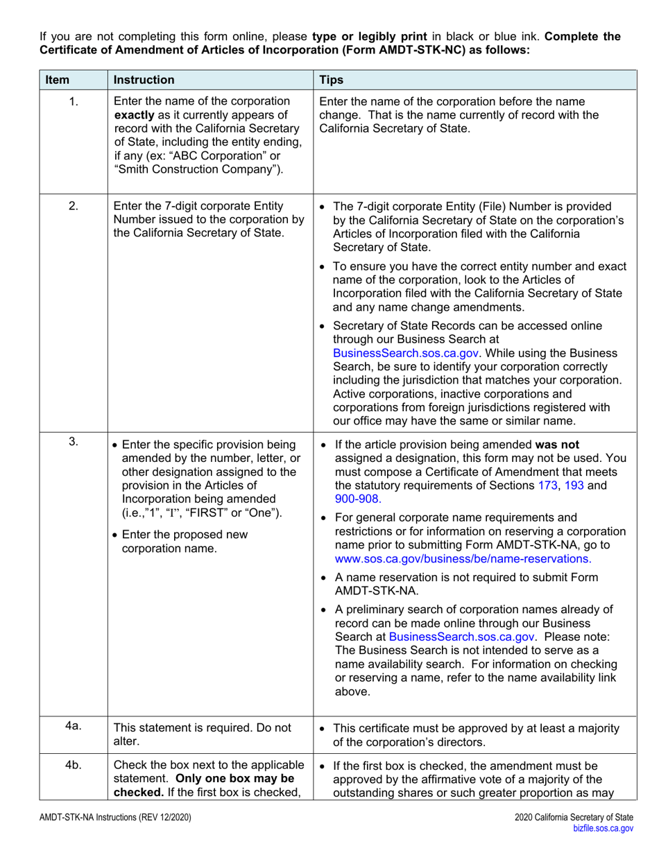 Form AMDT-STK-NA Certificate of Amendment of Articles of Incorporation - Name Change Only - Stock - California, Page 4
