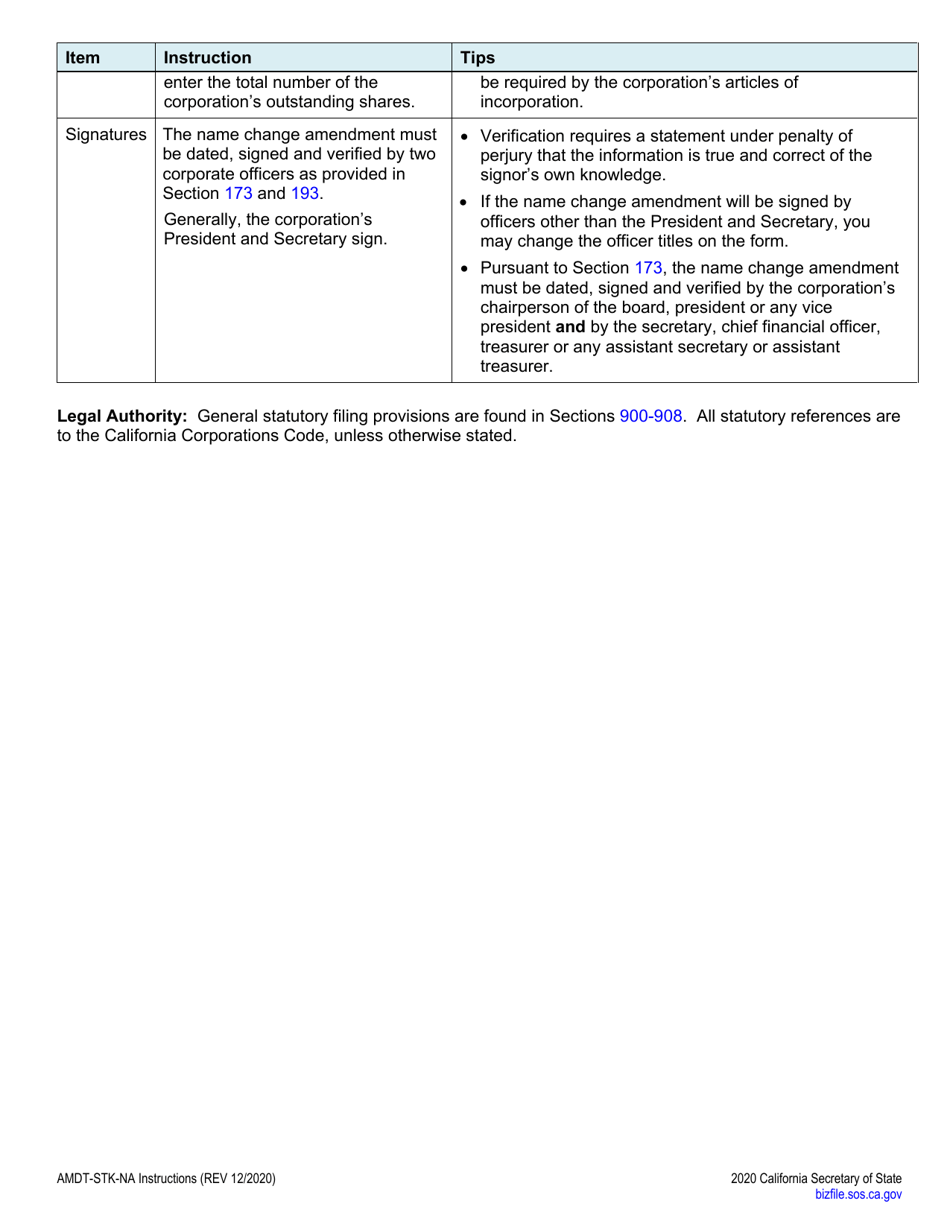 Form AMDT-STK-NA Certificate of Amendment of Articles of Incorporation - Name Change Only - Stock - California, Page 5