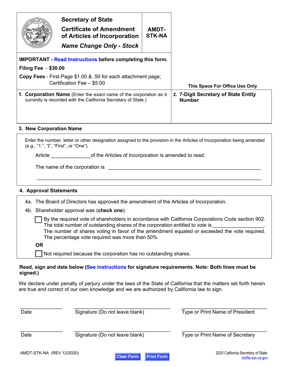 Form AMDT-STK-NA Certificate of Amendment of Articles of Incorporation - Name Change Only - Stock - California, Page 6