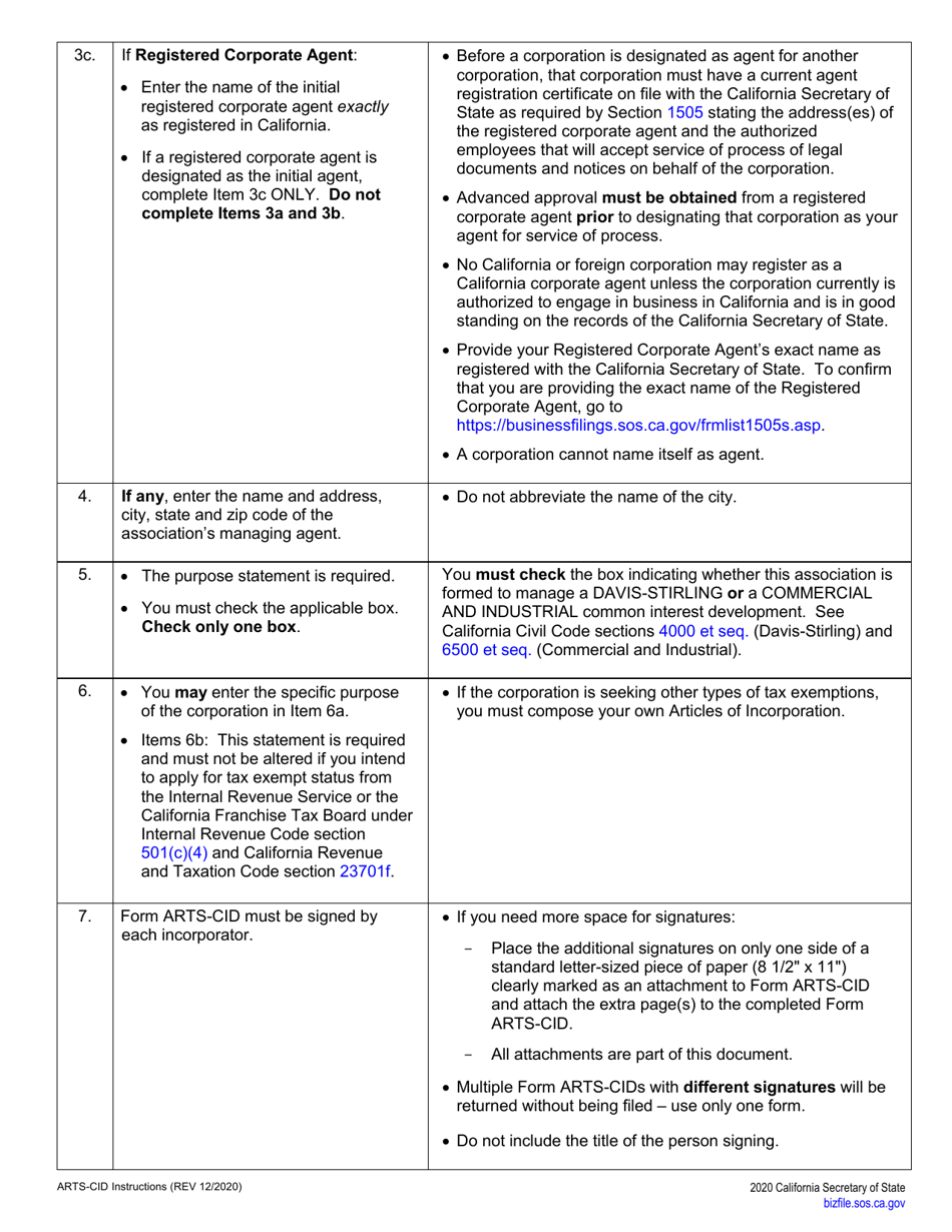 Form ARTS-CID Articles of Incorporation of a Common Interest Development Association - California, Page 4