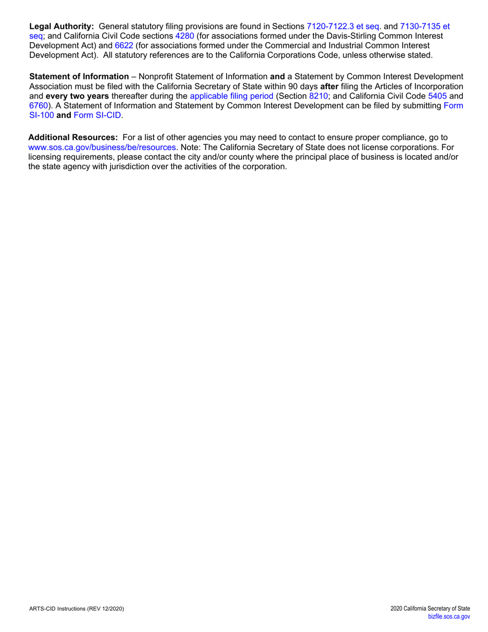 Form ARTS-CID Articles of Incorporation of a Common Interest Development Association - California, Page 5