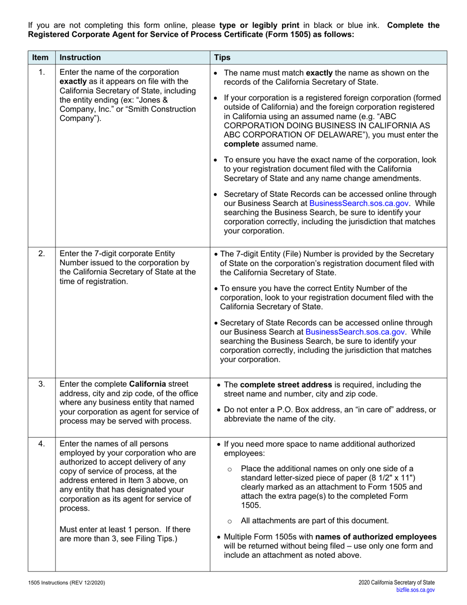 Form 1505 Registered Corporate Agent for Service of Process Certificate - California, Page 3