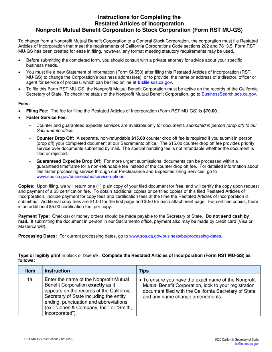 Form RST MU-GS Restated Articles of Incorporation - Nonprofit Mutual Benefit Corporation to General Stock Corporation - California, Page 2