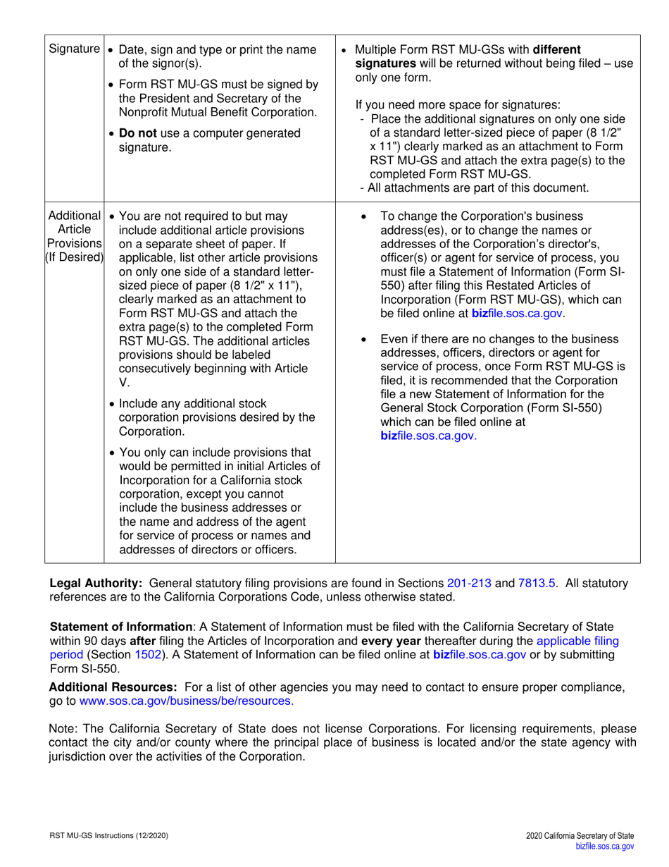 Form RST MU-GS Restated Articles of Incorporation - Nonprofit Mutual Benefit Corporation to General Stock Corporation - California, Page 5