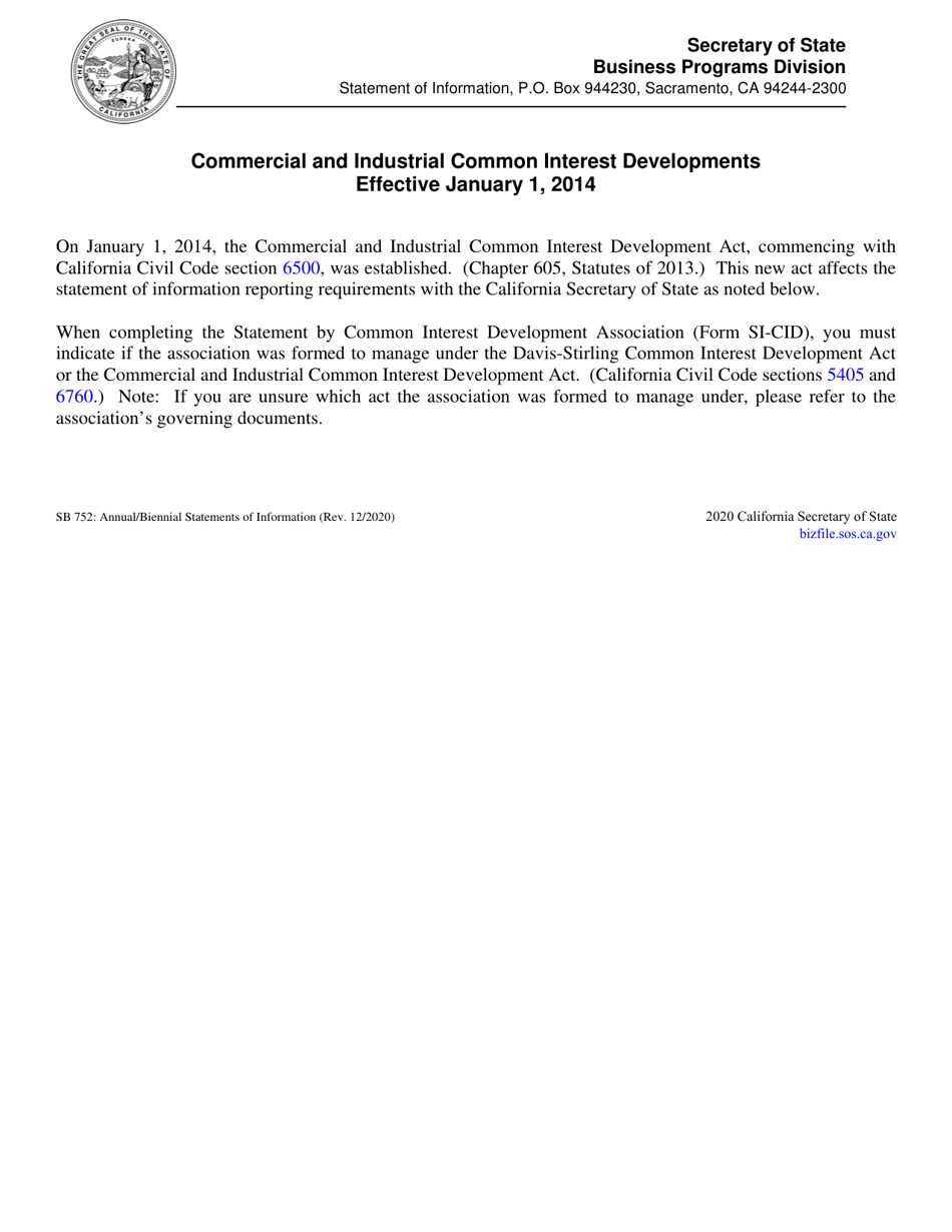 Form SI-CID Statement by Common Interest Development Association - California, Page 2