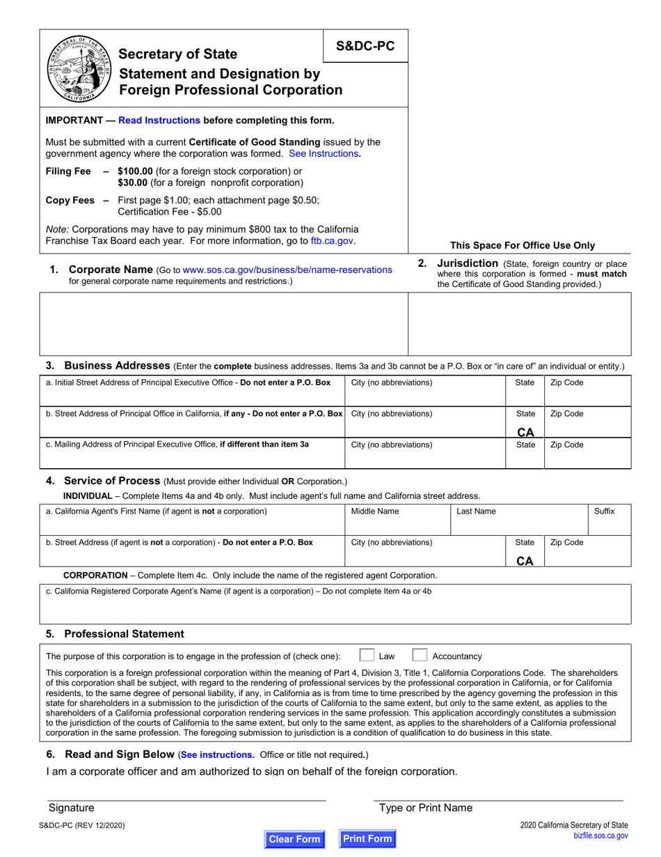 Form SDC-PC Statement and Designation by Foreign Professional Corporation - California, Page 5