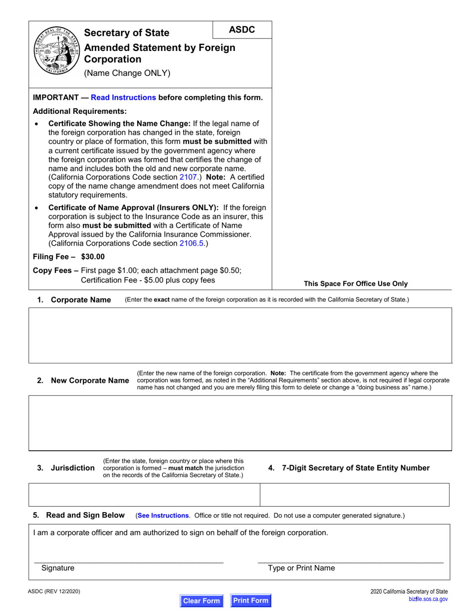 Form ASDC Amended Statement by Foreign Corporation - California, Page 5