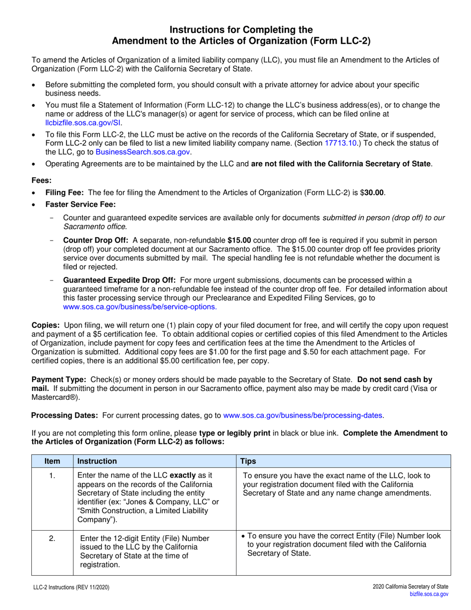 Form LLC-2 Amendment to Articles of Organization of a Limited Liability Company (LLC) - California, Page 2