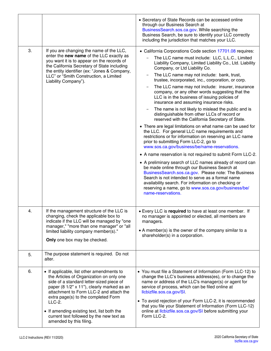 Form LLC-2 Amendment to Articles of Organization of a Limited Liability Company (LLC) - California, Page 3