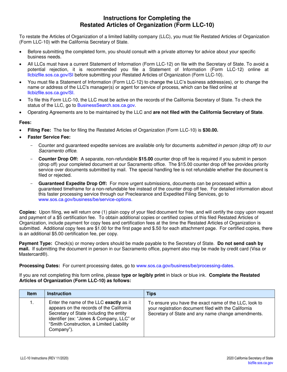 Form LLC-10 Restated Articles of Organization of a Limited Liability Company (LLC) - California, Page 2