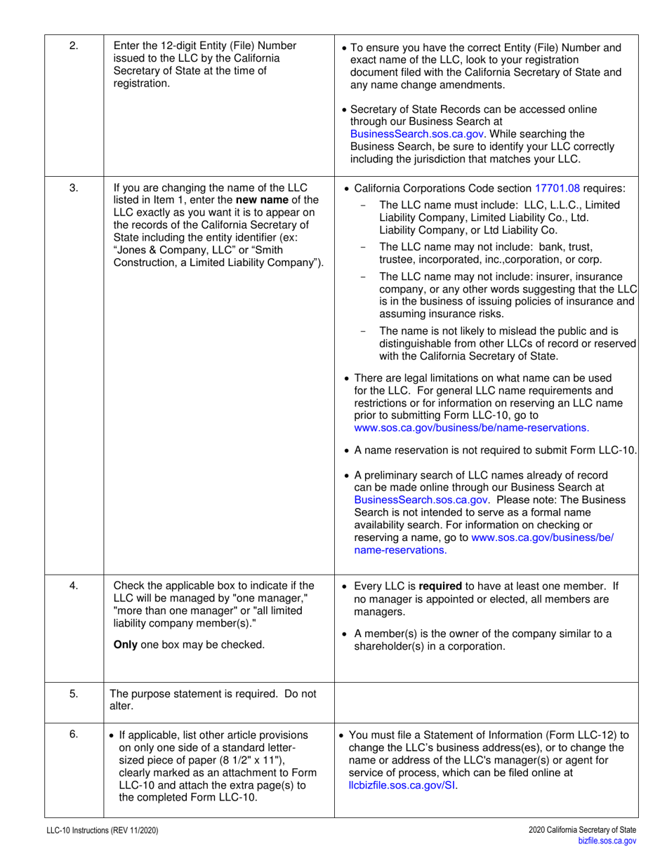 Form LLC-10 Restated Articles of Organization of a Limited Liability Company (LLC) - California, Page 3