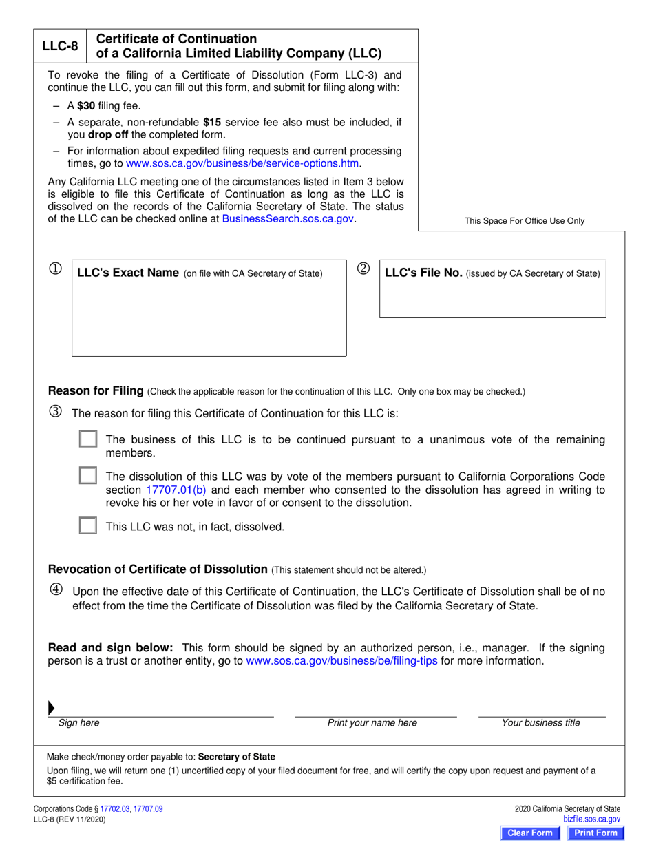 Form LLC-8 Certificate of Continuation of a California Limited Liability Company (LLC) - California, Page 2