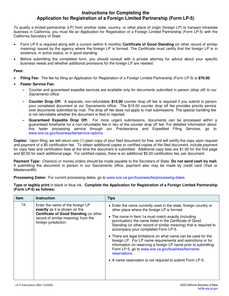 Form LP-5 Application for Registration Foreign Limited Partnership (Lp) - California, Page 2