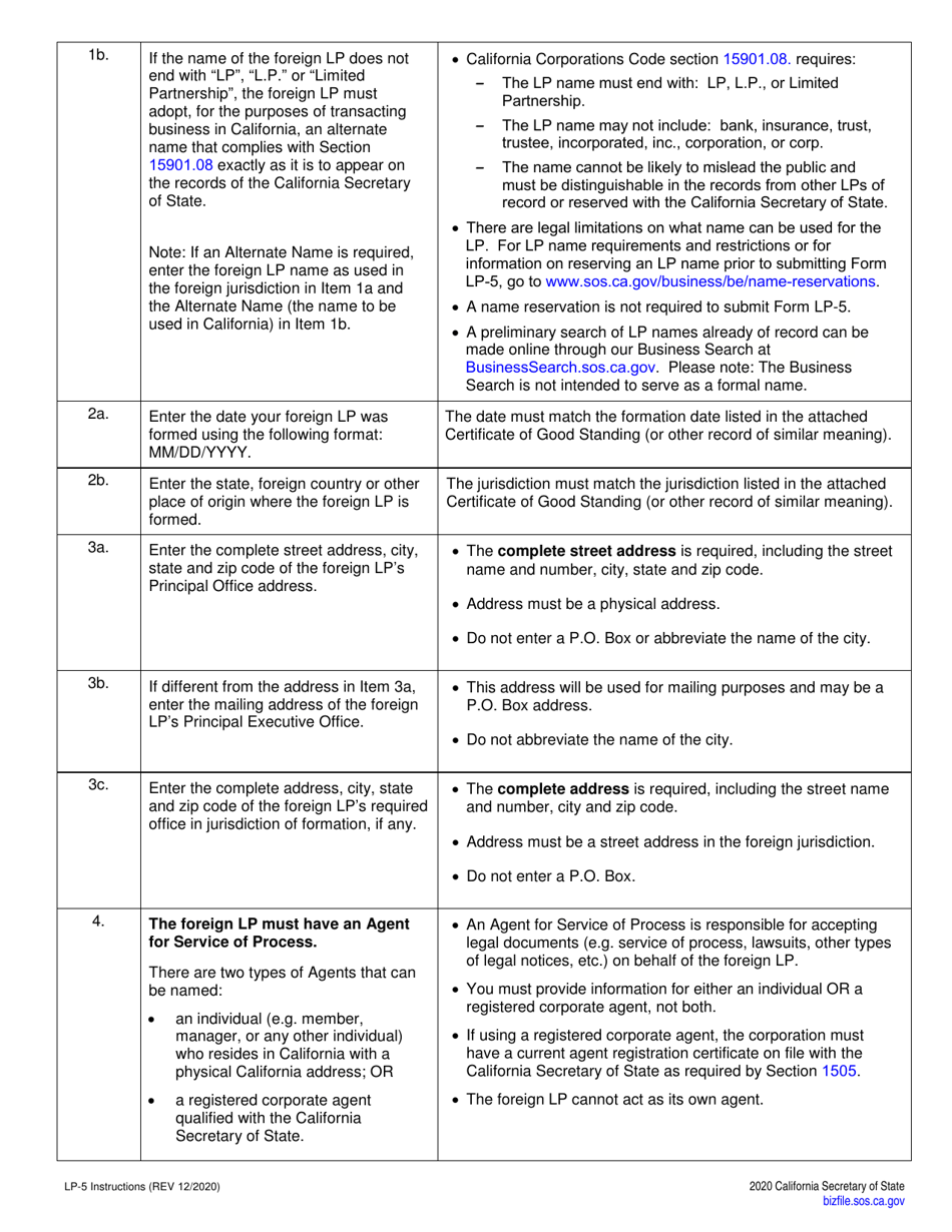 Form LP-5 Application for Registration Foreign Limited Partnership (Lp) - California, Page 3