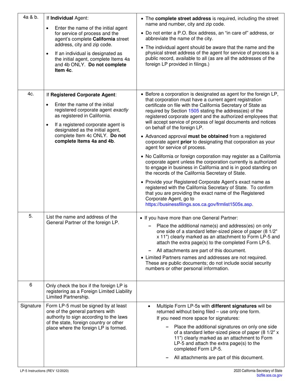 Form LP-5 Application for Registration Foreign Limited Partnership (Lp) - California, Page 4