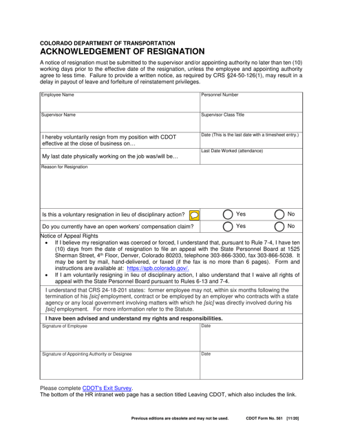 CDOT Form 0561  Printable Pdf