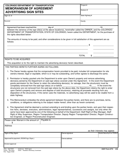 CDOT Form 0775 Memorandum of Agreement Advertising Sign Sites - Colorado