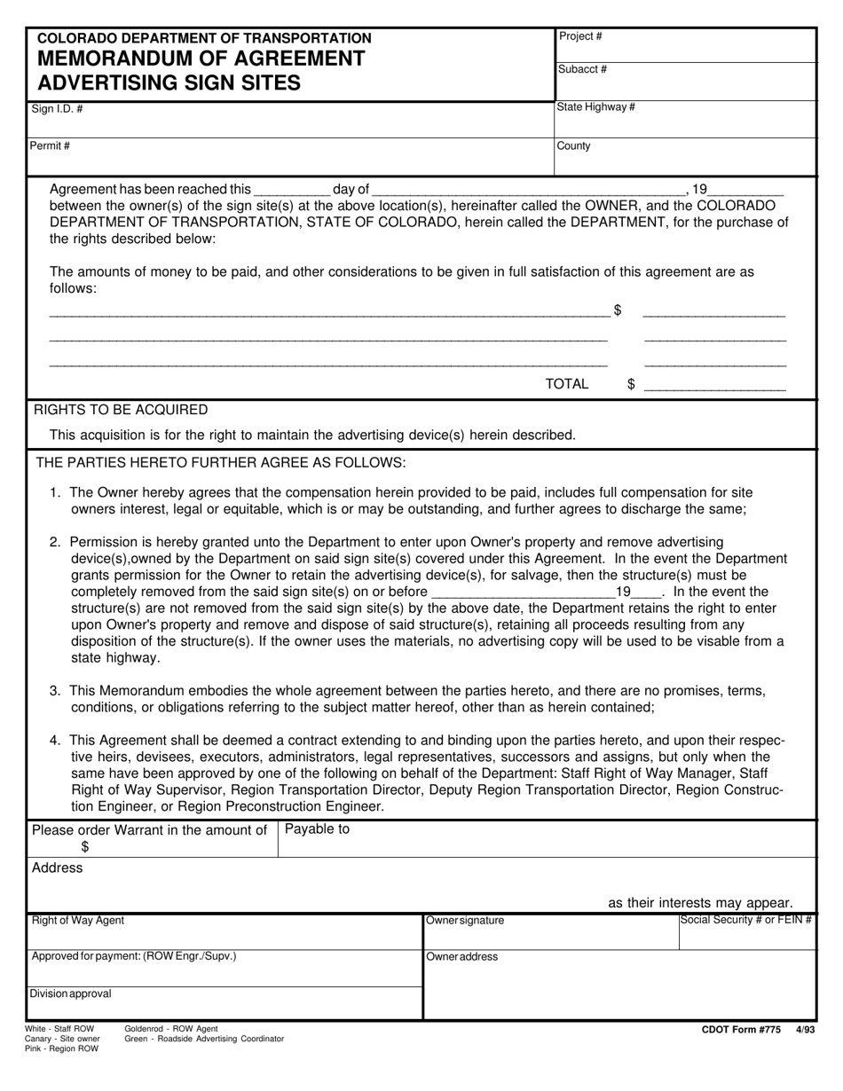 CDOT Form 0775 Memorandum of Agreement Advertising Sign Sites - Colorado, Page 1
