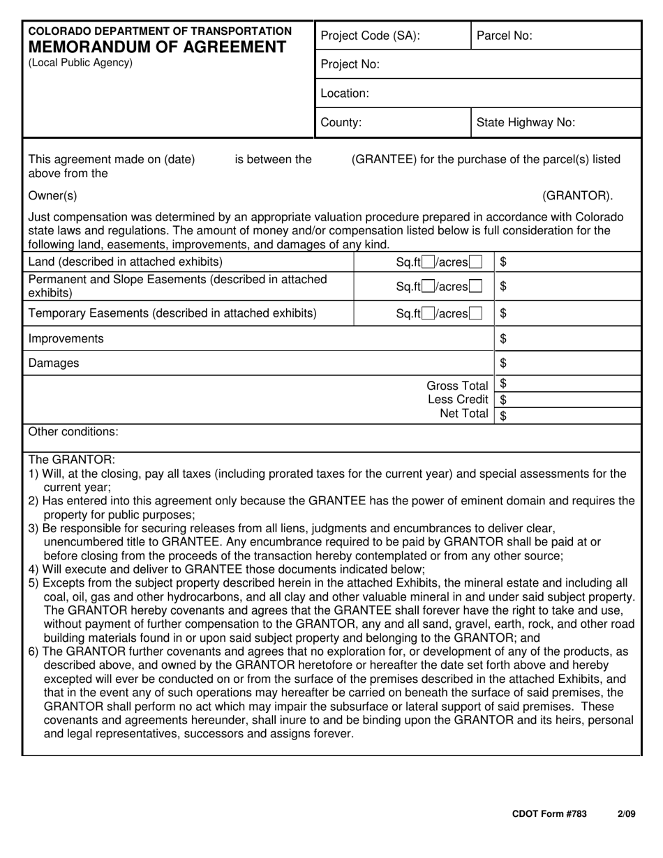 CDOT Form 0783 Memorandum of Agreement (Local Public Agency) - Colorado, Page 1