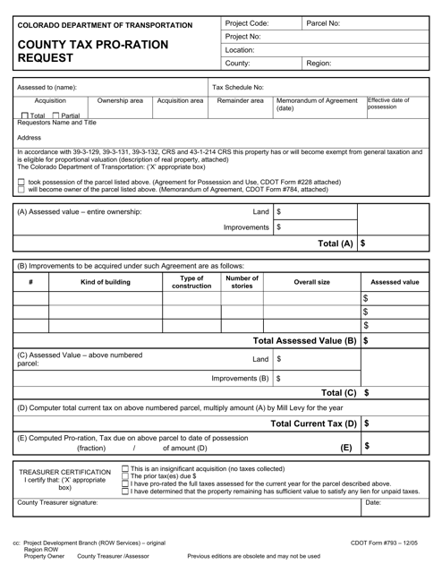 CDOT Form 0793 County Tax Pro-Ration Request - Colorado