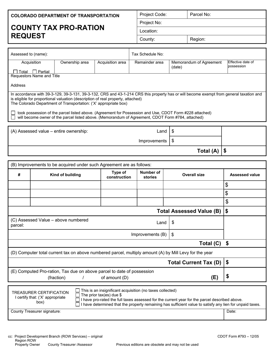 CDOT Form 0793 County Tax Pro-Ration Request - Colorado, Page 1