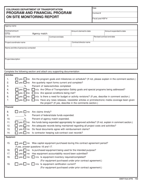 CDOT Form 0778  Printable Pdf
