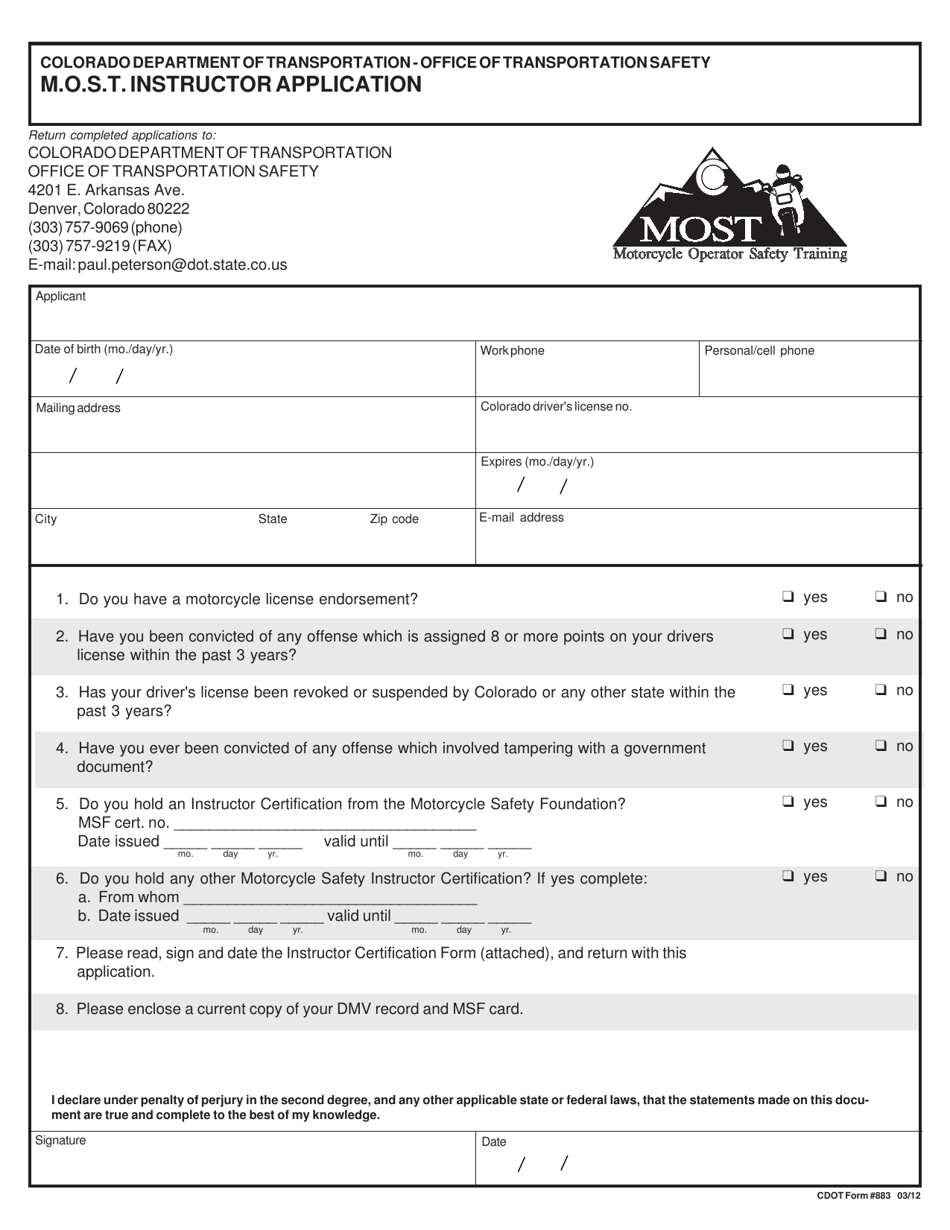 CDOT Form 0883 M.o.s.t. Instructor Application - Colorado, Page 1