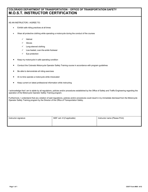 CDOT Form 0885 M.o.s.t. Instructor Certification - Colorado