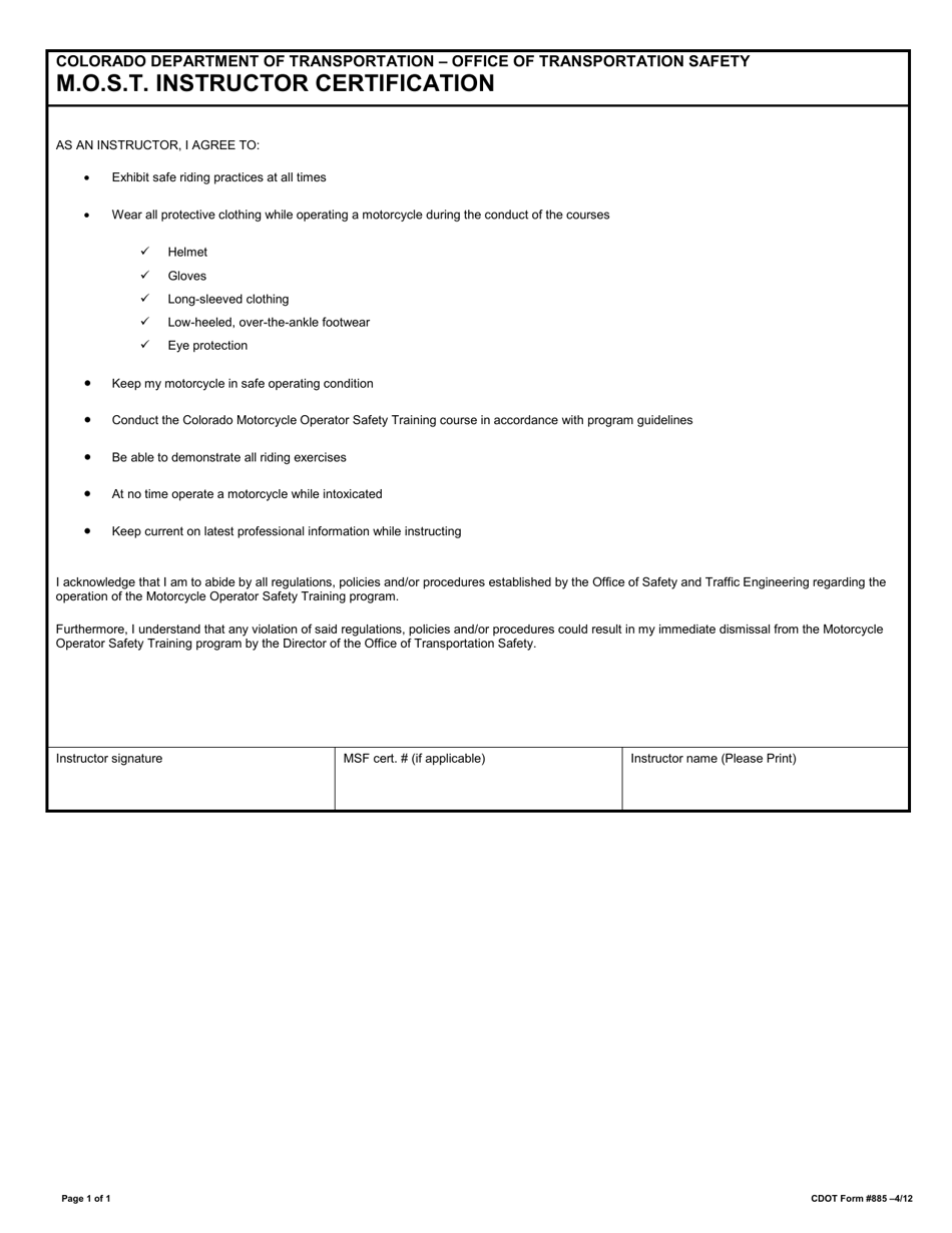 CDOT Form 0885 M.o.s.t. Instructor Certification - Colorado, Page 1