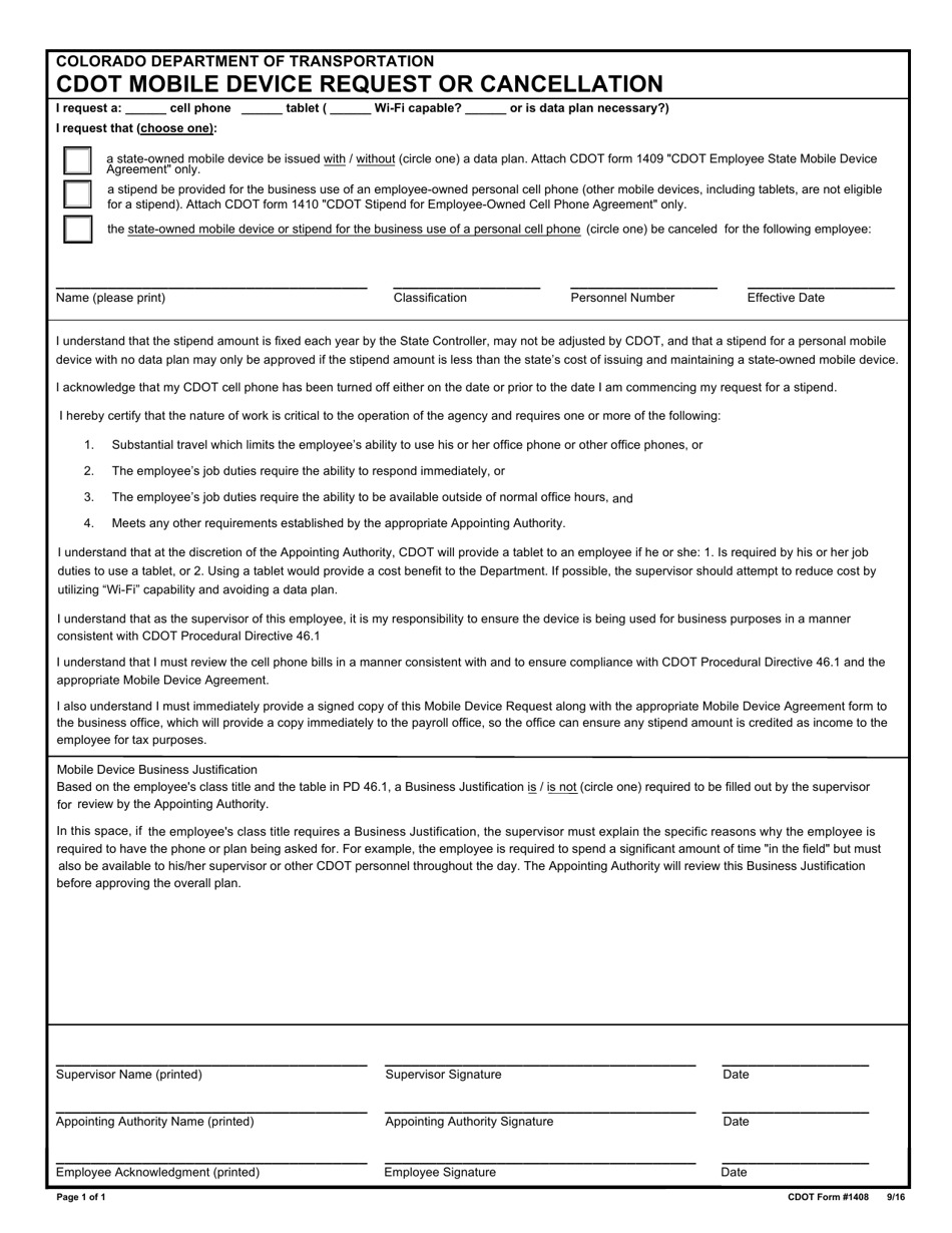 CDOT Form 1408 CDOT Mobile Device Request or Cancellation - Colorado, Page 1