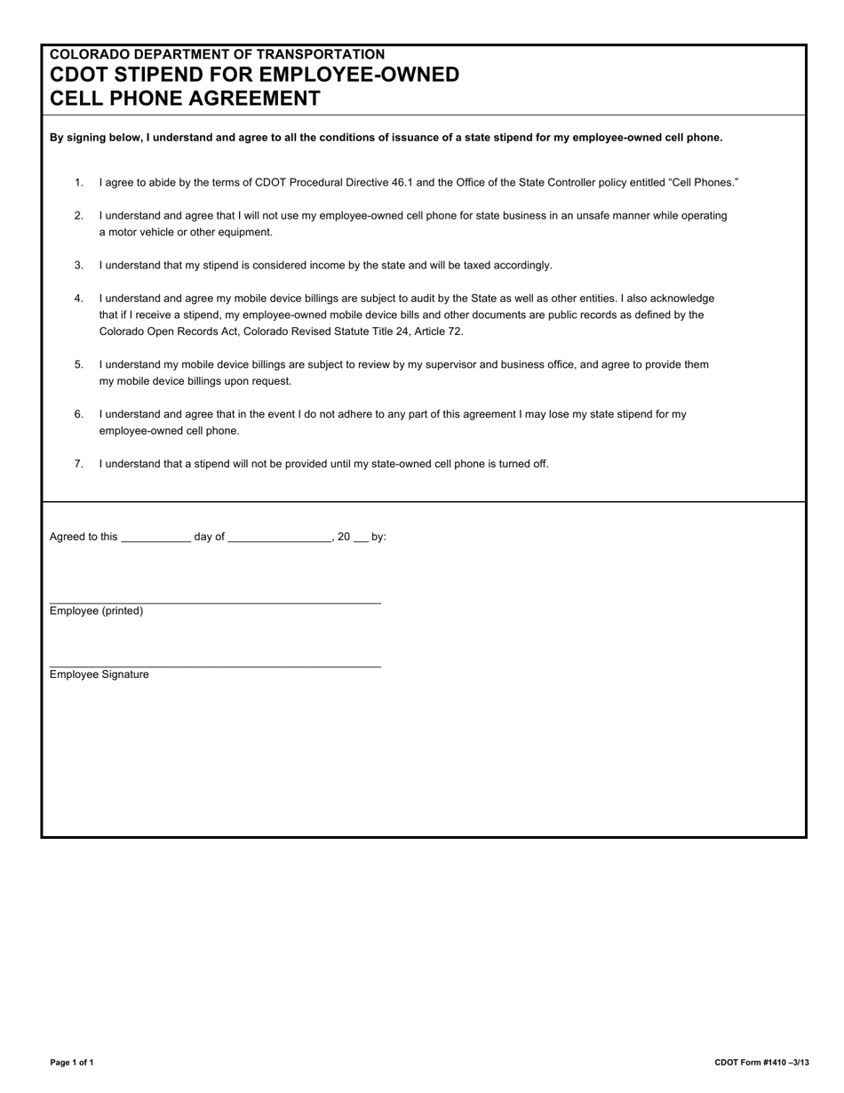 CDOT Form 1410 CDOT Stipend for Employee-Owned Cell Phone Agreement - Colorado, Page 1
