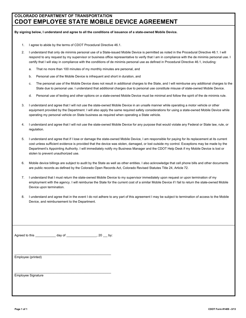 CDOT Form 1409 CDOT Employee State Mobile Device Agreement - Colorado, Page 1