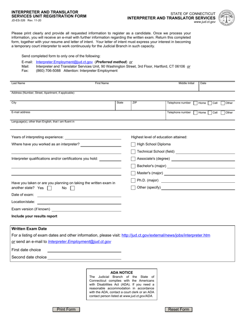 Form JD-ES-326 Interpreter and Translator Services Unit Registration Form - Connecticut