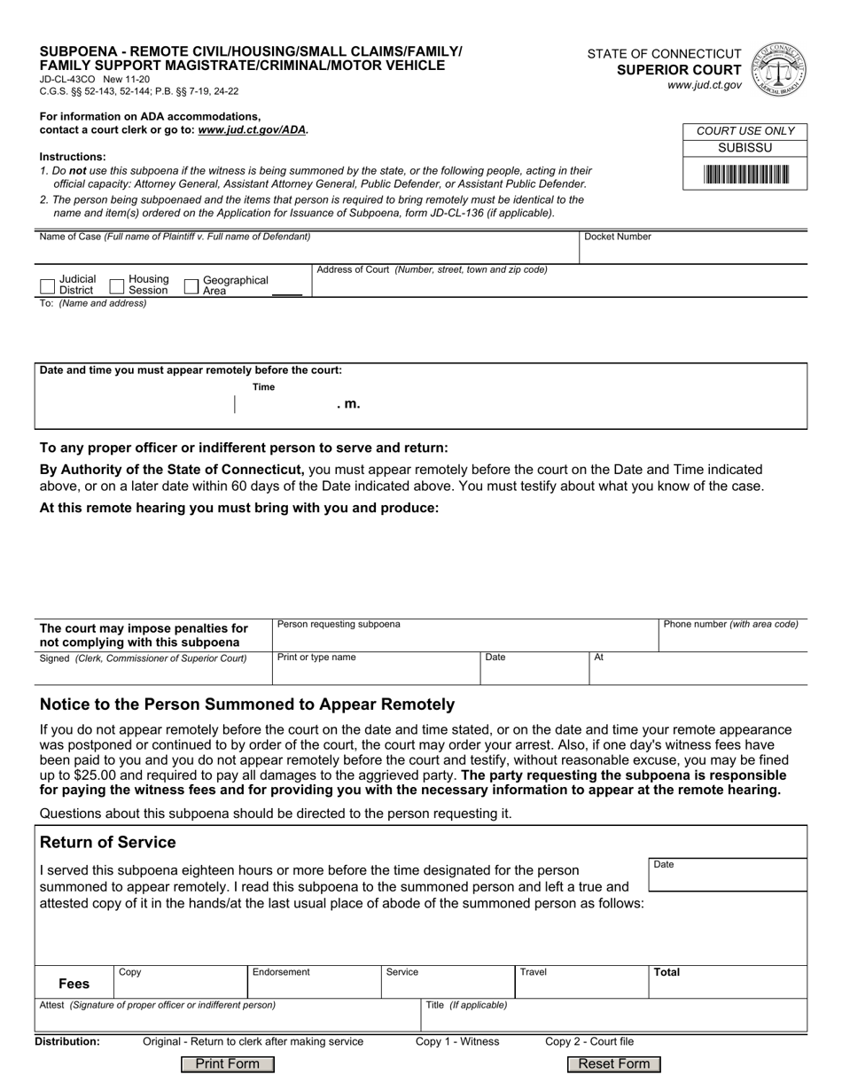 Form JD-CL-43CO Subpoena - Remote Civil / Housing / Small Claims / Family / Family Support Magistrate / Criminal / Motor Vehicle - Connecticut, Page 1
