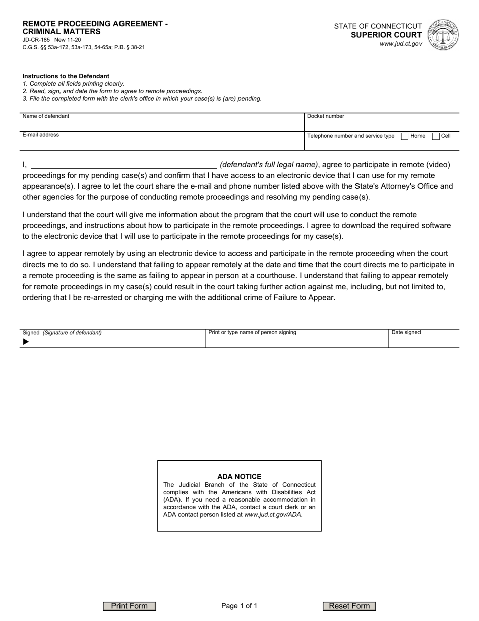 Form JD-CR-185 Remote Proceeding Agreement - Criminal Matters - Connecticut, Page 1