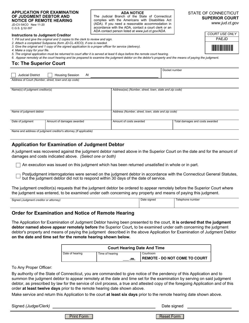 Form JD-CV-54CO Application for Examination of Judgment Debtor and Notice of Remote Hearing - Connecticut, Page 1
