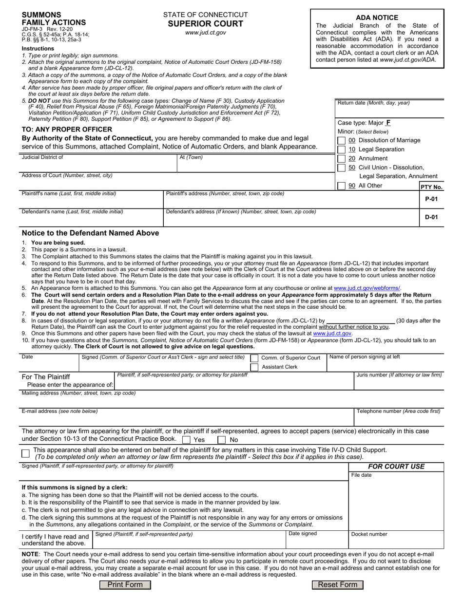 Form JD-FM-3 Summons Family Actions - Connecticut, Page 1