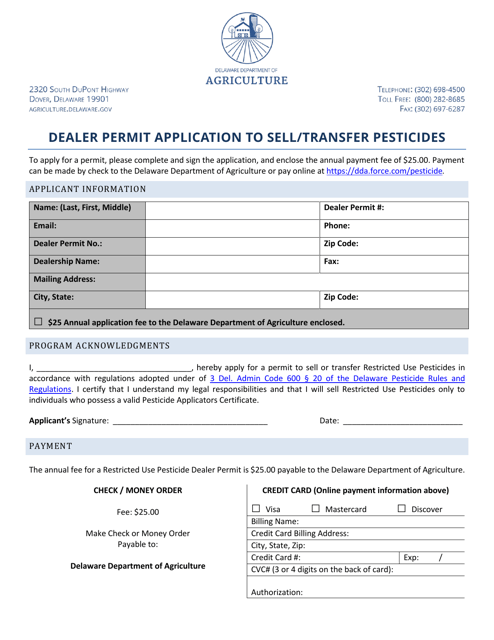 Dealer Permit Application to Sell / Transfer Pesticides - Delaware Download Pdf