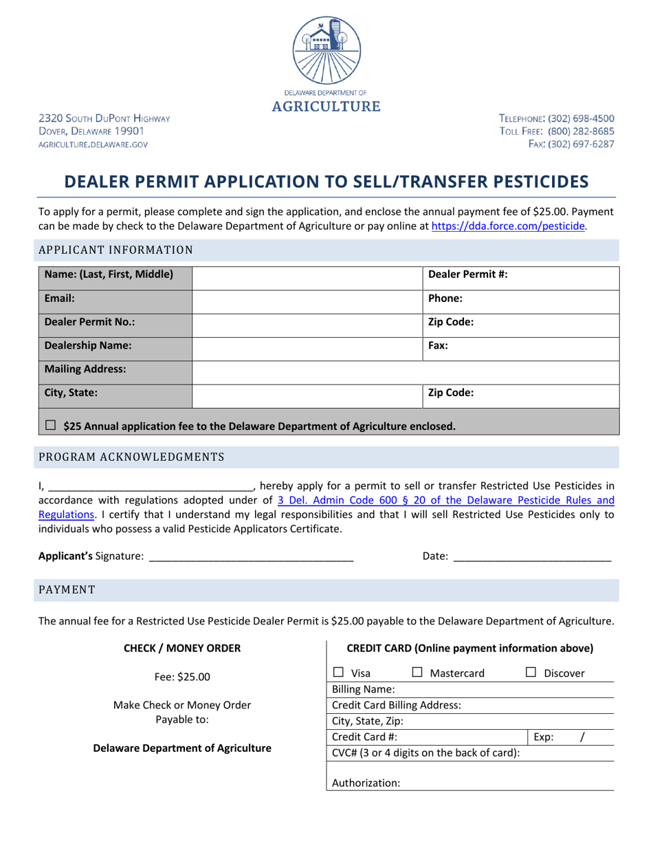Delaware Dealer Permit Application to Sell/Transfer Pesticides Fill